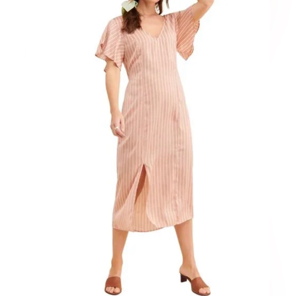 Free People X Saltwater Luxe Taupe Stripe Angle Sleeve V-Neck Midi Dress
